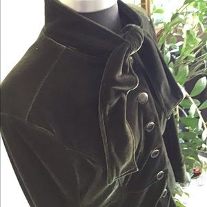 Dark Olive Bob Markie Vintage Velvet Bow Tie Blouse Button Front